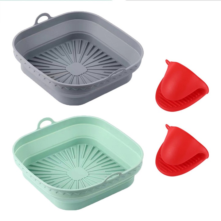 Set 2 Tava Silicon pentru Air Fryer/2 manusi, Momcbebe, Silicon, Multicolor