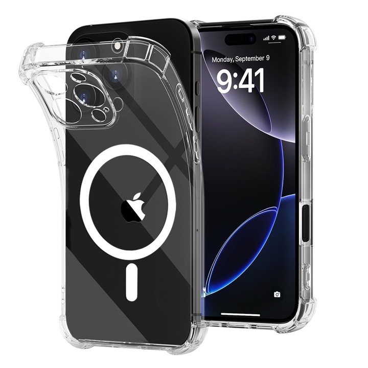 Husa Transparenta Anti shock cu MagSafe pentru Apple iPhone 16 Pro Max, Silicon TPU Flexibil, Protectie Completa
