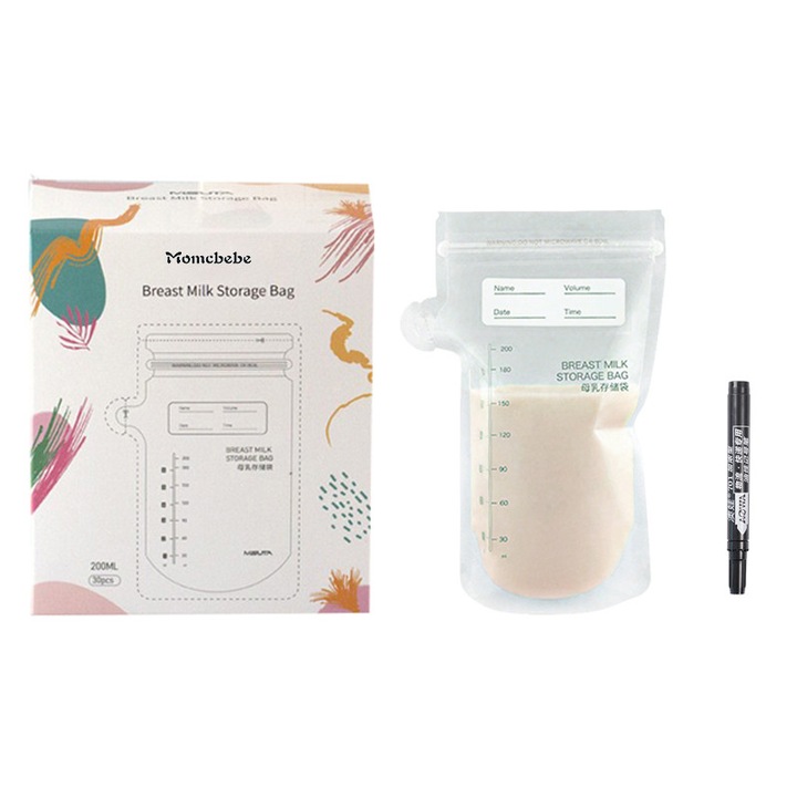 Set de 60 pungi pentru stocarea laptelui matern, Momcbebe, 200ml, alb, design plat, cu marcaje, cu marker