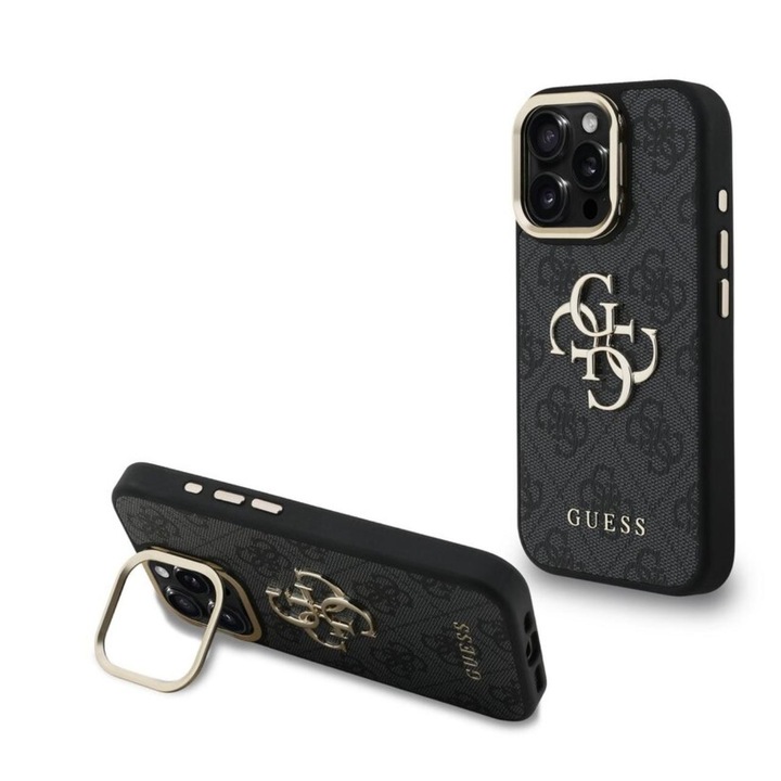Калъф Guess 4G Metal Logo Stand Camera Frame, съвместим с iPhone 16 Pro Max, черен
