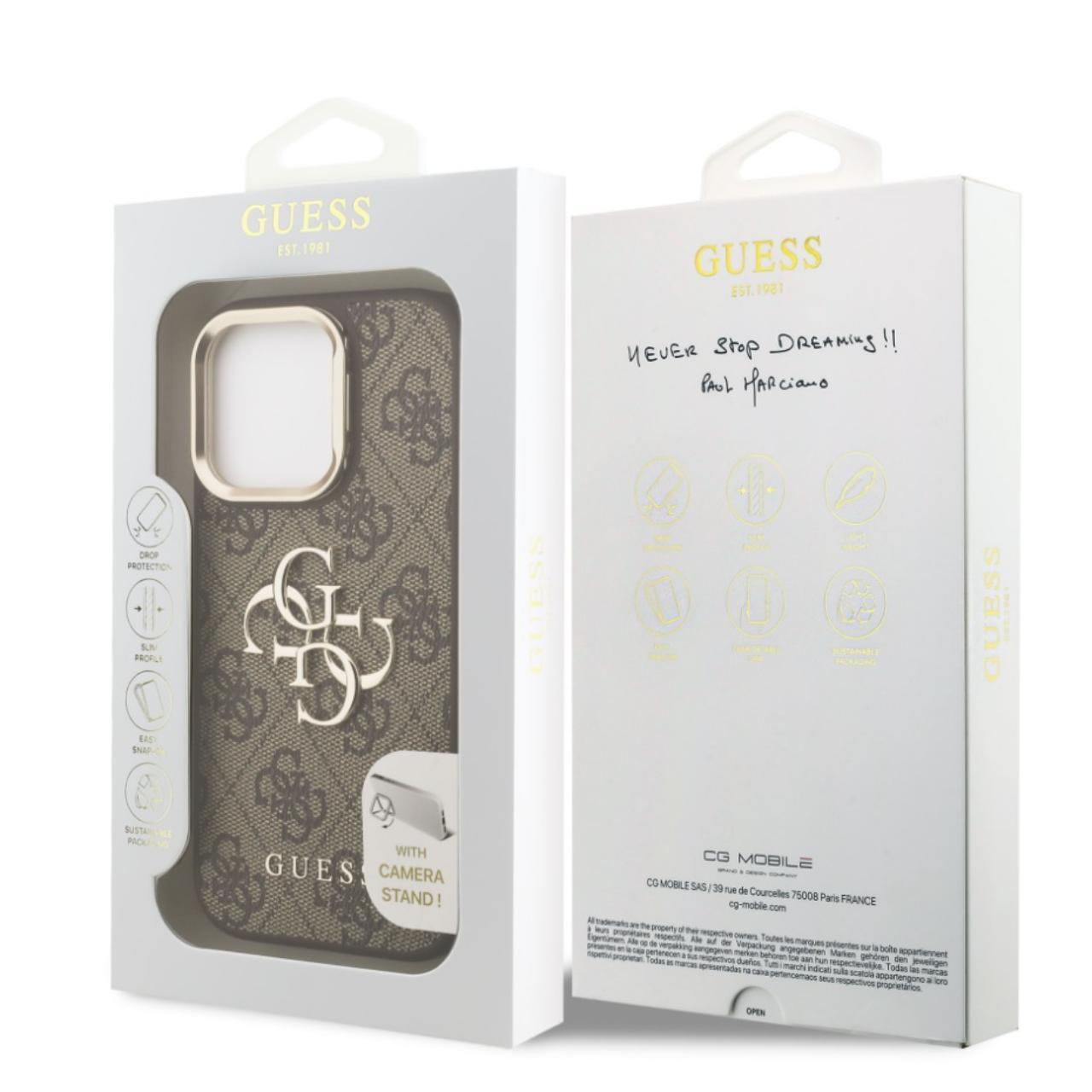 Husa Guess 4G Metal Logo Stand Camera Frame compatibila cu iPhone 16 Pro Maro