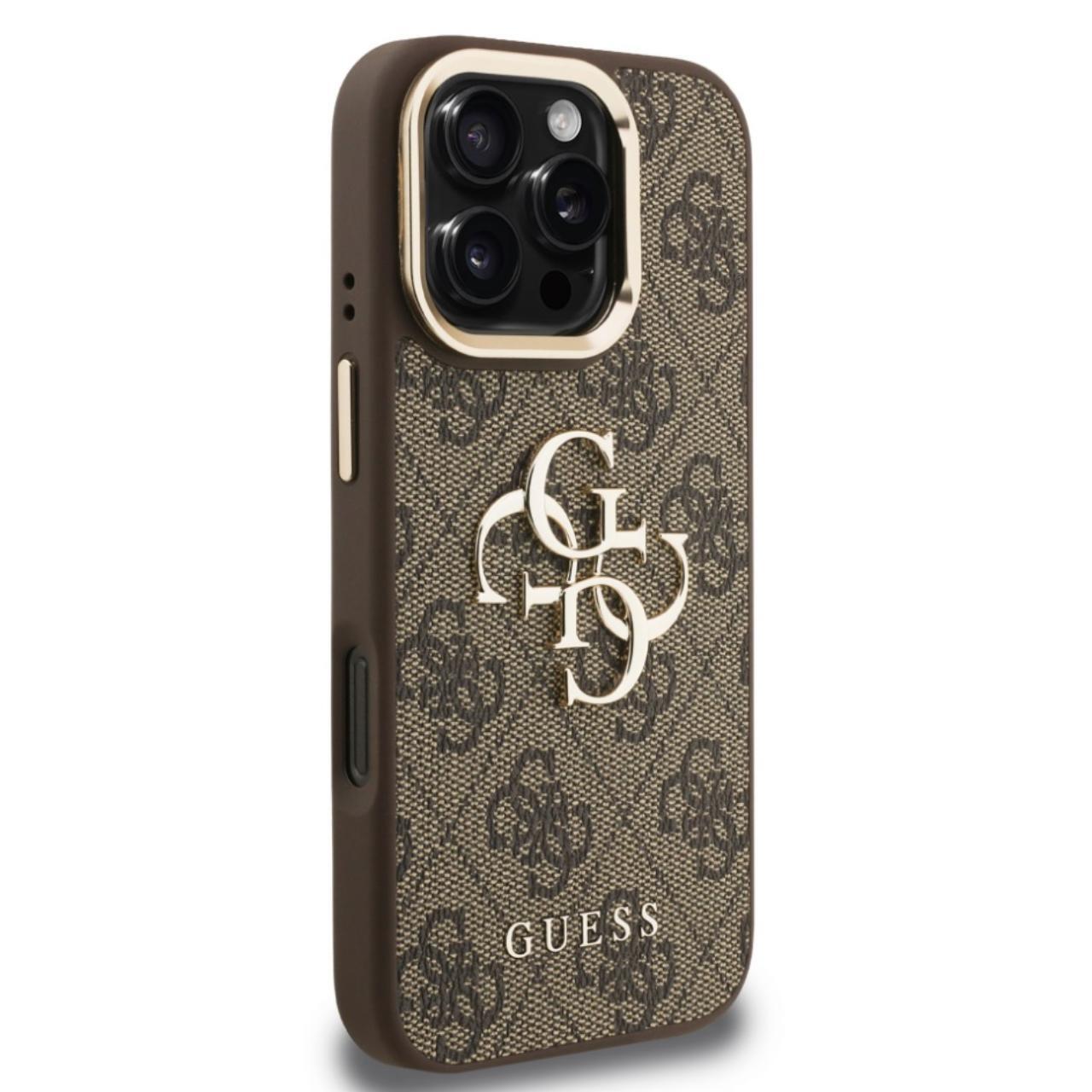 Husa Guess 4G Metal Logo Stand Camera Frame compatibila cu iPhone 16 Pro Maro