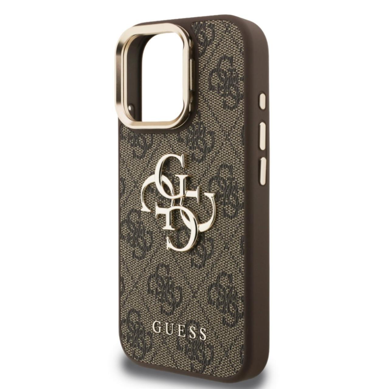 Husa Guess 4G Metal Logo Stand Camera Frame compatibila cu iPhone 16 Pro Maro
