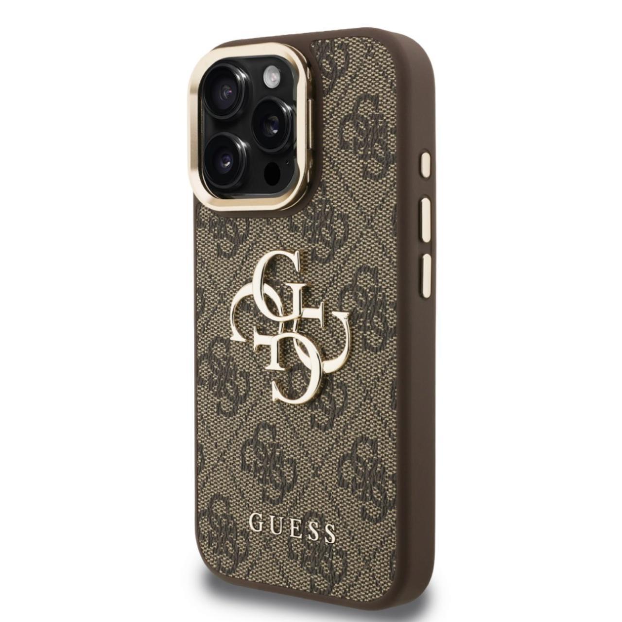 Husa Guess 4G Metal Logo Stand Camera Frame compatibila cu iPhone 16 Pro Maro
