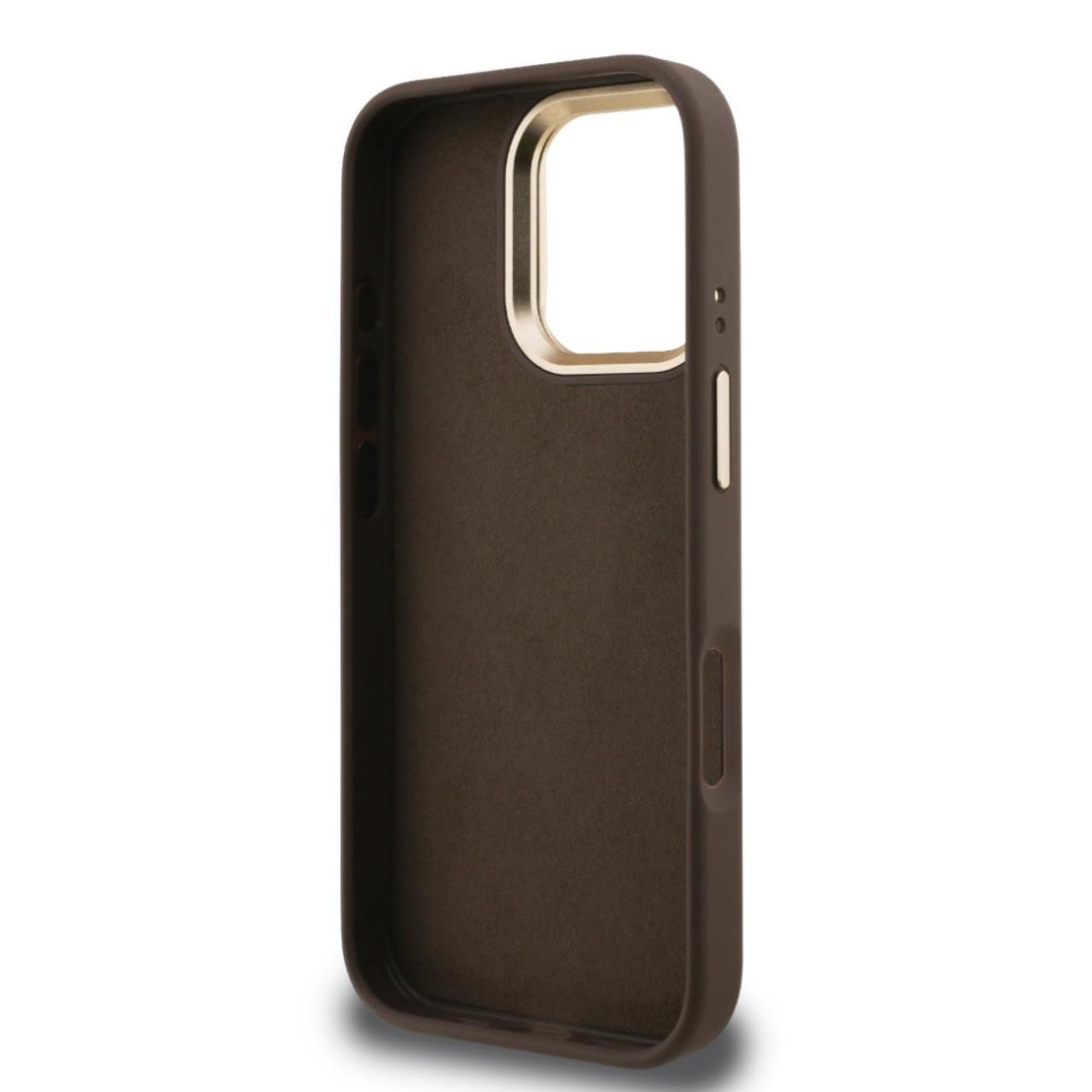 Husa Guess 4G Metal Logo Stand Camera Frame compatibila cu iPhone 16 Pro Maro