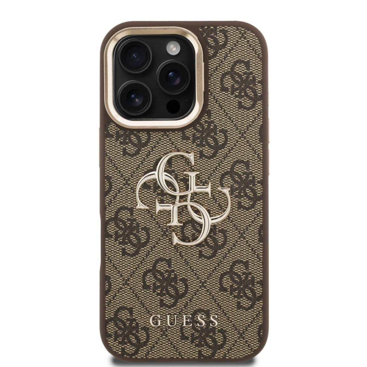Husa Guess 4G Metal Logo Stand Camera Frame compatibila cu iPhone 16 Pro Maro