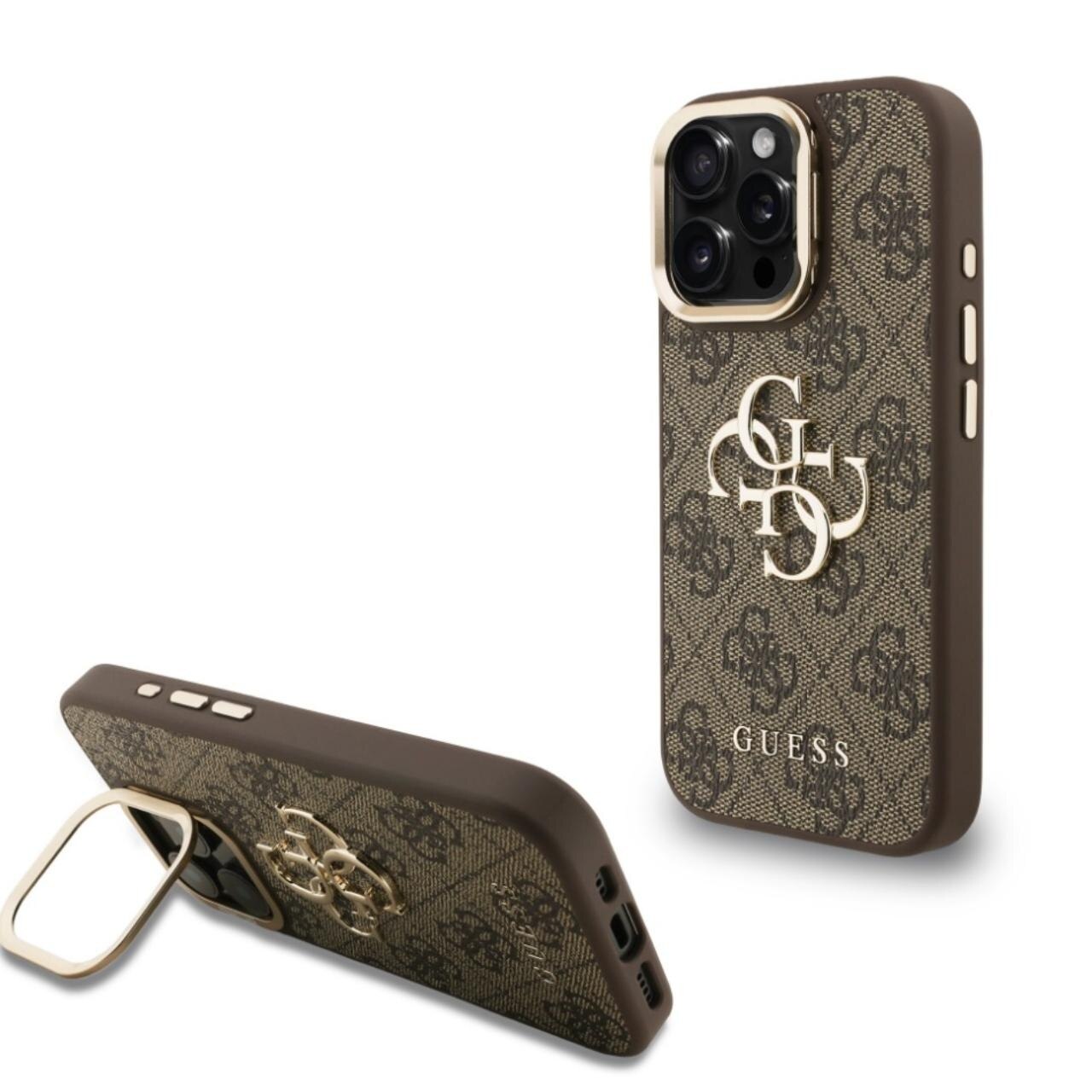 Husa Guess 4G Metal Logo Stand Camera Frame compatibila cu iPhone 16 Pro Maro