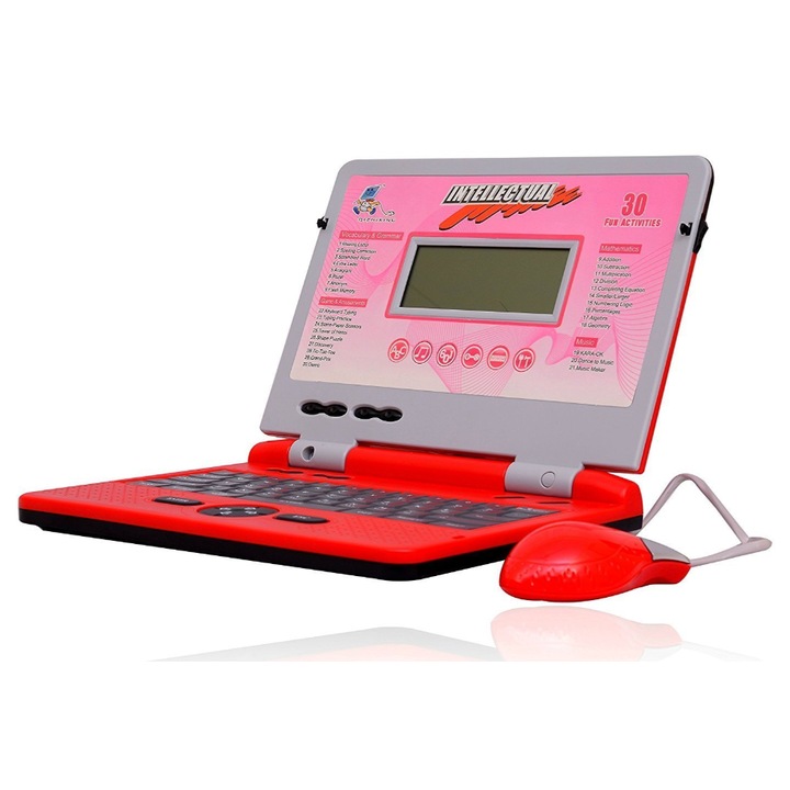 Laptop educativ pentru copii, 30 de activitati, cu control prin mouse, roz si rosu, 28 x 3 x 21 cm
