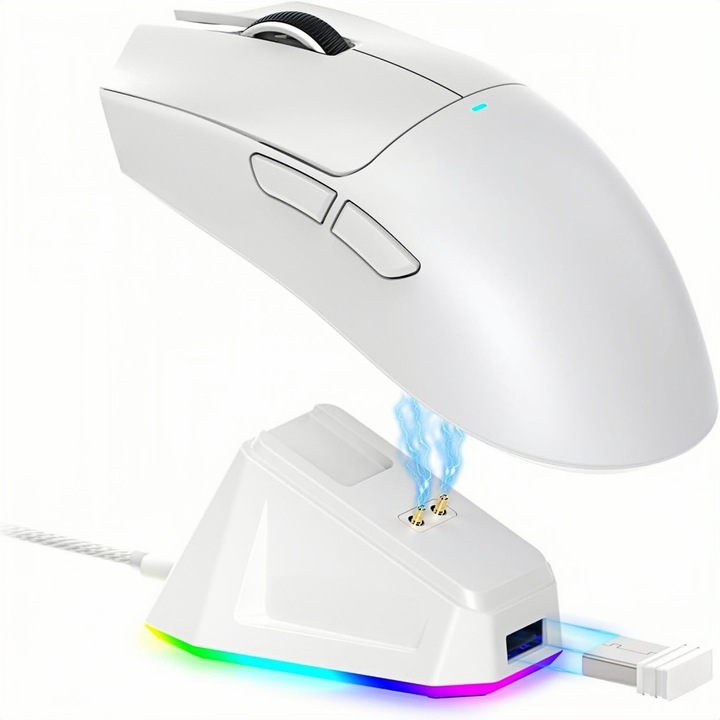MOSMAOO® Vezeték nélküli egér, RGB töltőbázissal, 5 gomb, 6 állítható DPI, Ergonomikus, Vékony és hordozható, 2.4G, vezetékes USB-C és Bluetooth hárommódú, Fehér