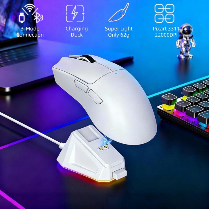 Mouse Wireless MOSMAOO®, Cu RGB baza de incarcare, 5 Butoane, 6 Reglabil DPI, Ergonomic, Slim si Portabil, 2.4G, USB-C cu fir si Bluetooth Tri-Mode, Alb