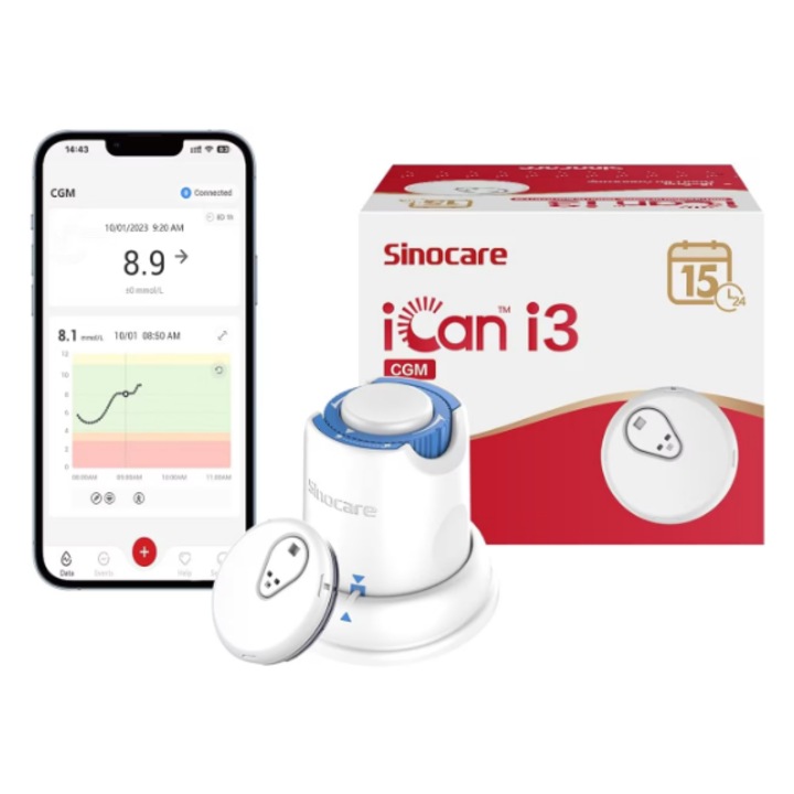Senzor de glicemie iCan CGM, conectivitate Bluetooth, autonomie 15 zile, alb, 32x5.7mm
