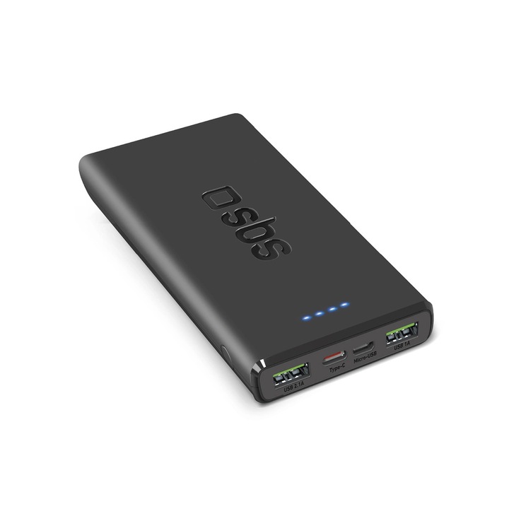 Külső akkumulátor SBS TTBB10000FASTPD20K 10000mAh, 20W, 2xUSB, 1xUSB-C, 1xMicro USB, Fekete, 217g