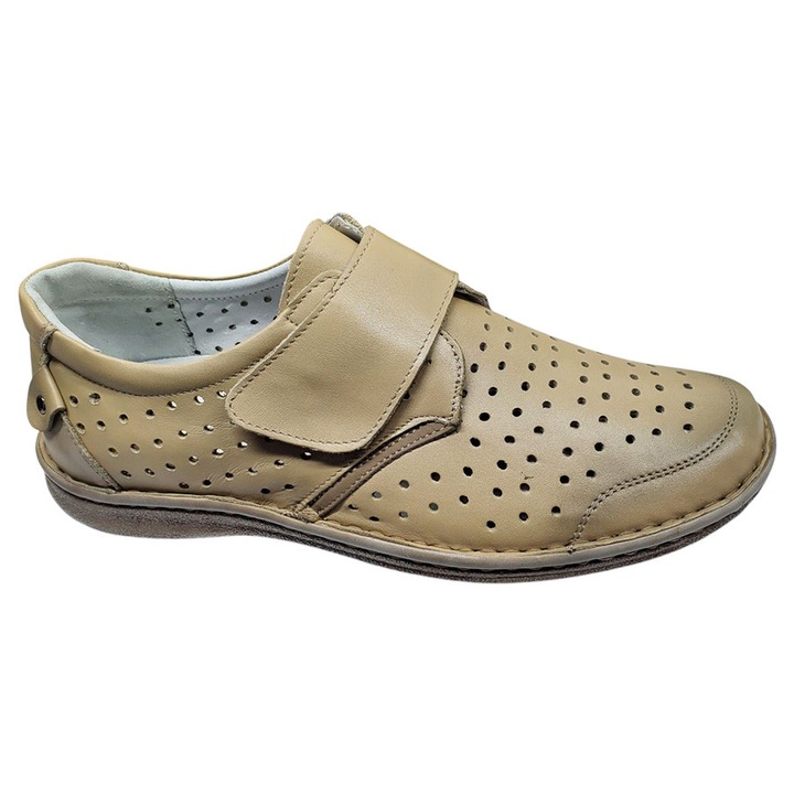 Pantofi Latiti Bej Din Piele Naturala Perforata Pentru Barbati, Inchidere Cu Arici, Talpa Cusuta Usoara, Model Extra Confortabil Fabricat In Romania, Numar 41