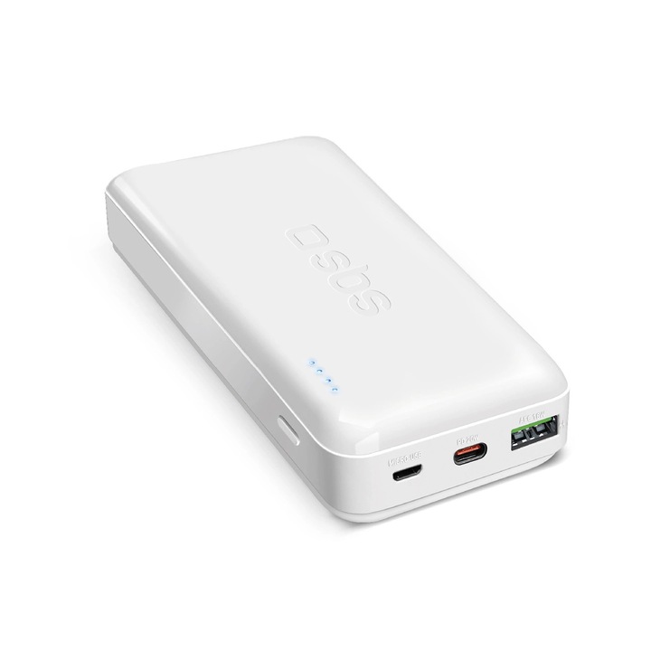 Külső akkumulátor SBS TTBB20000PD20W 20000mAh 20W fehér USB-C USB-A MicroUSB