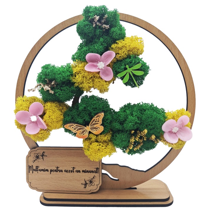 Cadou de Apreciere – Bonsai cu Licheni Naturali Stabilizati, MDF, 20 cm, Fag, mesaj Multumim pentru acest an