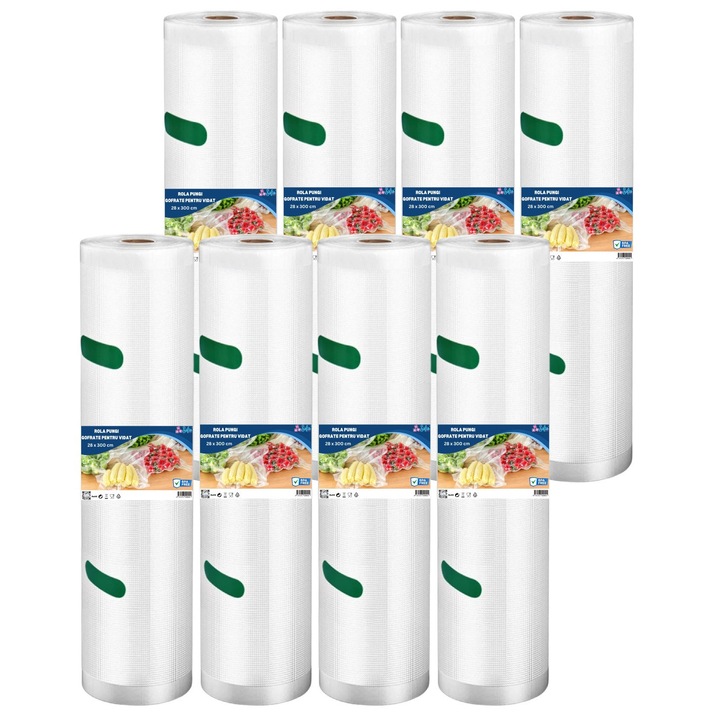 Set 8 Role Pungi de Vidat Gofrate Sofia CONCEPT®, 28 x 300 cm, fara BPA, Reutilizabile, Durabile si Rezistente la Perforare, pentru Masinile de Gatit Sous Vide si Toate Dispozitivele de Etansare cu Vid