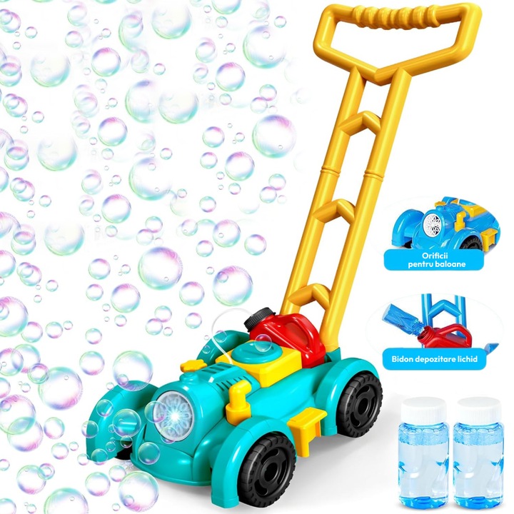 Jucarie Interactiva cu Baloane de Sapun Masinuta de Tuns Iarba cu Functie Bubble Maker , RCO®, 43 x 44 x 19 cm, 3+ Ani, WT06