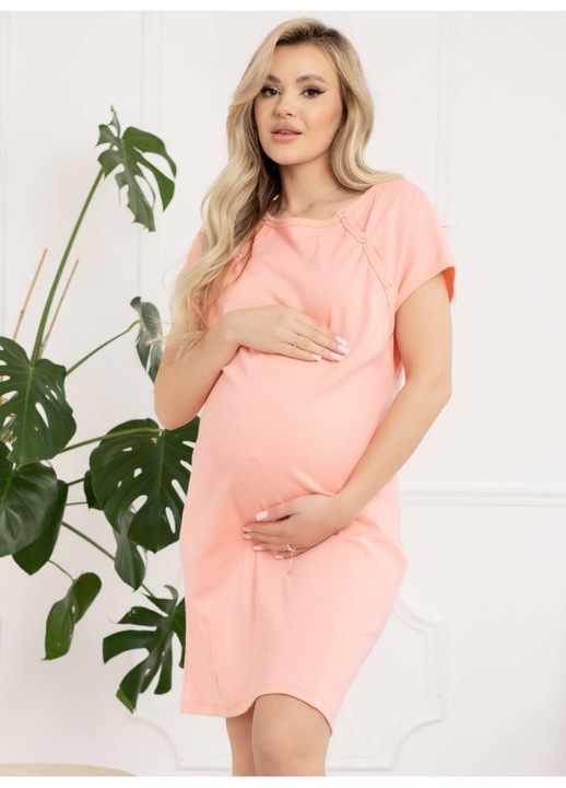 Camasa de alaptat For Mommy, din bumbac, design practic cu capse oblice pe ambele parti frontale si inchidere completa cu capse pe spate, Baki Peach