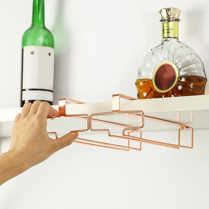 Suporturi pentru pahare de vin, set de 2, design compact, culoare aurie, usor de instalat, material rezistent