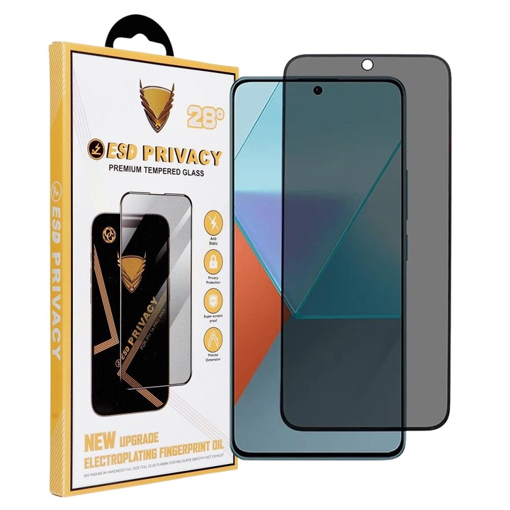 Xiaomi Redmi Note 13 Pro 4G / 5G / Poco M6 Pro 4G / X6 Pro 5G kompatibilis üvegfólia, előlapi, edzett, hajlított, fekete kerettel, betekintés védelemmel, OG Premium Privacy Glass