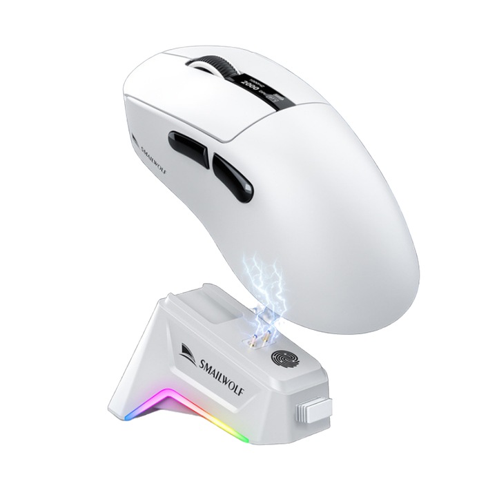 Мишка, 2.4G/Bluetooth/кабелна свързаност, лека само 57 г, PAW3311 за игри, RGB осветление, магнитно зарядно, 12000DPI, батерия 500 mAh, бяла