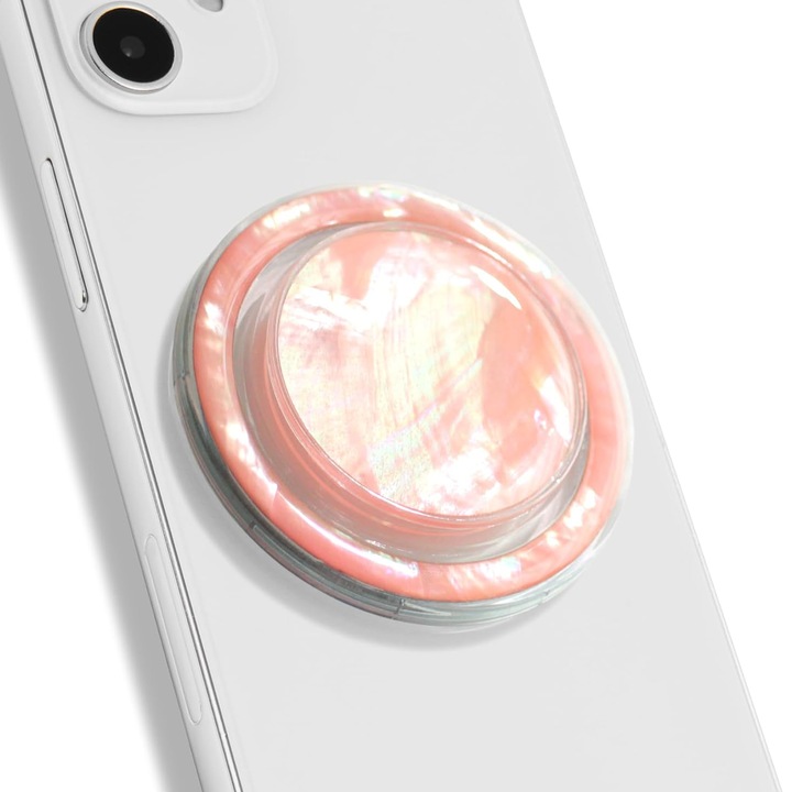 Suport adeziv pentru telefon, design scoica draguta, roz piersica, compact si pliabil, functie magnetica