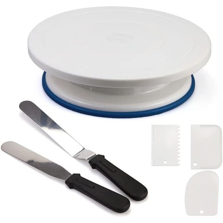 Set de 6 Ustensile Ornare Prajituri YUNXIASW, Platou Rotativ, 28x6.5cm, Inox/Plastic/Silicon