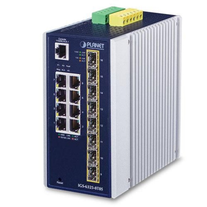 Switch felügyelet nélkül Planet IP30, 8x RJ45, 8x SFP, IGS-6325-8T8S