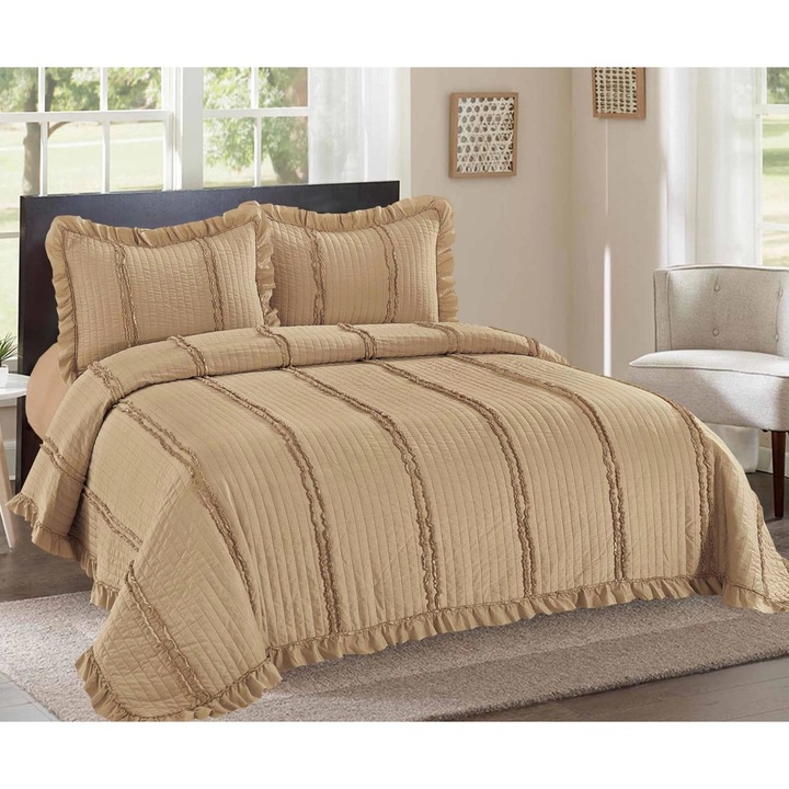 Set 3 piese Cuvertura Matlasata CHIRASO, bumbac satinat, uni, maro, 230x250cm, 2 fete perna 52x72cm