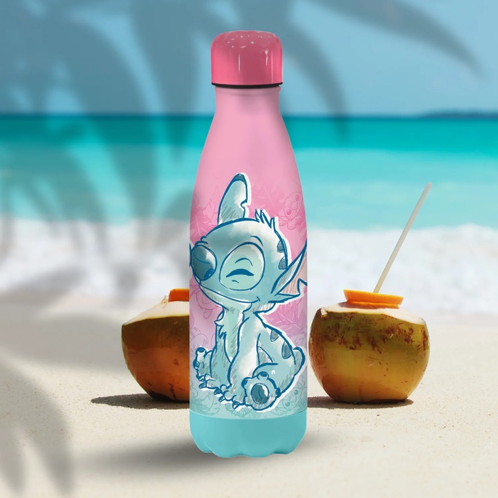 Stitch kulacs, 500 ml, acél/INOX + PP, 3D bevonat, csavaros kupak, szivárgásmentes zár, kék-rózsaszín, Disney KIDS LICENSING