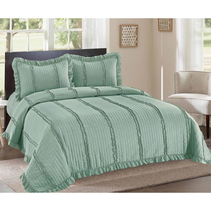 Set 3 piese Cuvertura Matlasata CHIRASO, 230x250cm, 2 Fete Perna 52x72cm, Bumbac Satinat, Verde Prafuit