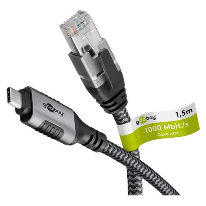 LAN Ethernet kábel USB-C 3.1-ről RJ45-re 1.5m Cat6 kompatibilis Apple Thunderbolt 3-mal is, fekete Goobay 70697