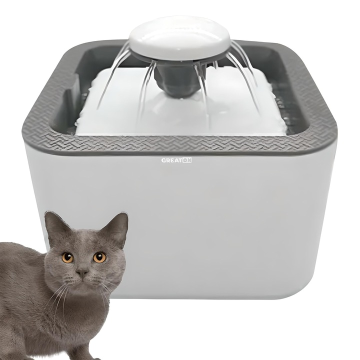 Dispozitiv Automat De Distribuire A Apei GREATON, Tip Fantana, Pentru Pisici Si Caini, Cu Sistem De Filtrare Si Purificare, Functionare Ultra Silentioasa, 3 Niveluri De Debit, Alimentare USB Cu Adaptor, Capacitate 2, 4 L, Culoare Alb/Gri