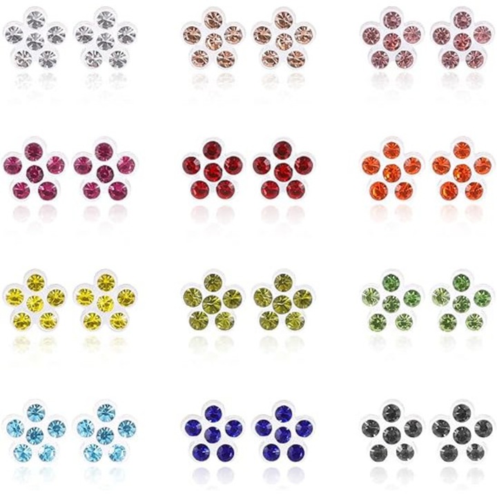12 pár fülbevaló szett, műanyag, többszínű, cirkónia