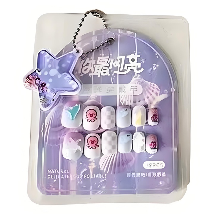 Set de 12 unghii false prinse, ABS, potrivite pentru copii, adezive, culori asortate