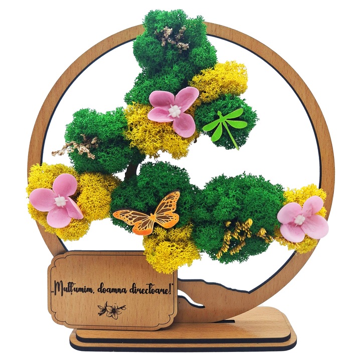 Cadou de Apreciere – Bonsai cu Licheni Naturali Stabilizati, MDF, 20 cm, Fag, mesaj Multumim, domana directoare