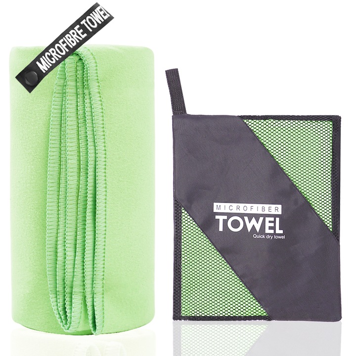 Prosop sport, Kiseari, 76x152 cm, verde deschis, uscare rapida, absorbtie mare, cu sac depozitare reutilizabil.