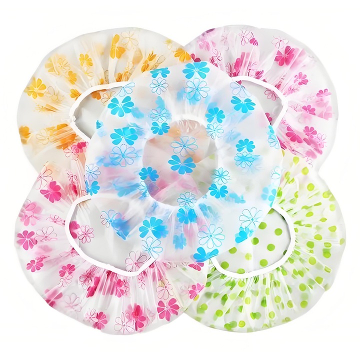 Set 10 Bonete de Dus Reutilizabile, Multicolor, 27cm, Material PE Waterproof