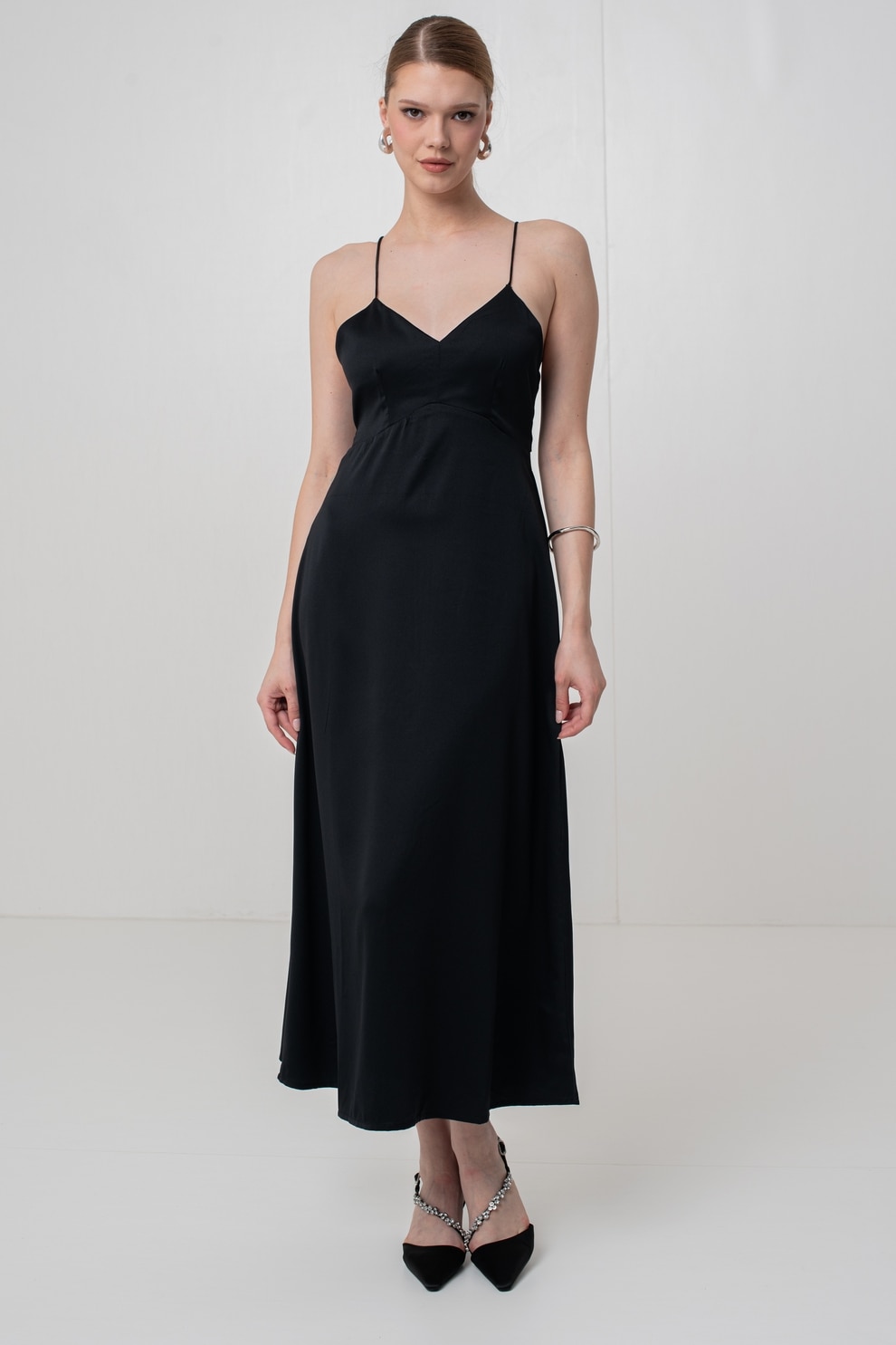 Only, Rochie midi cu croiala dreapta si bretele inguste, Negru, M