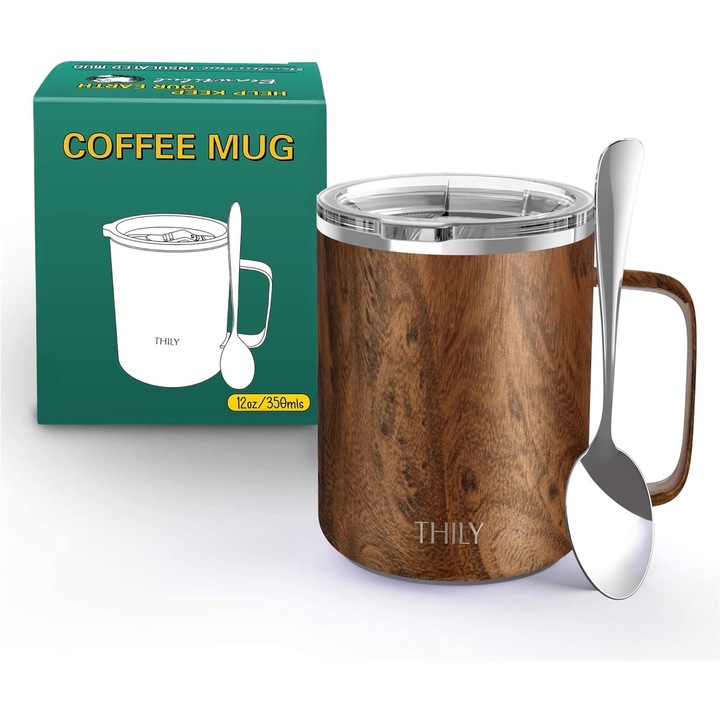 Cana termica de cafea izolata din otel inoxidabil, 350 ml, design lemn