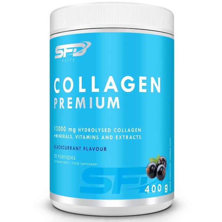 Colagen hidrolizat, SFD Collagen Premium, cu Vitamina C si D3, 400g, aroma Coacaze Negre, colagen pudra, acid hialuronic, vitamine si minerale