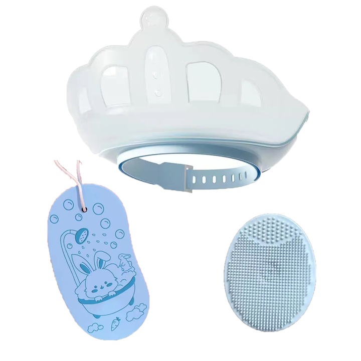 Set 3 accesorii de baie bebelusi, Silicon/Polipropilena/TPE, Albastru