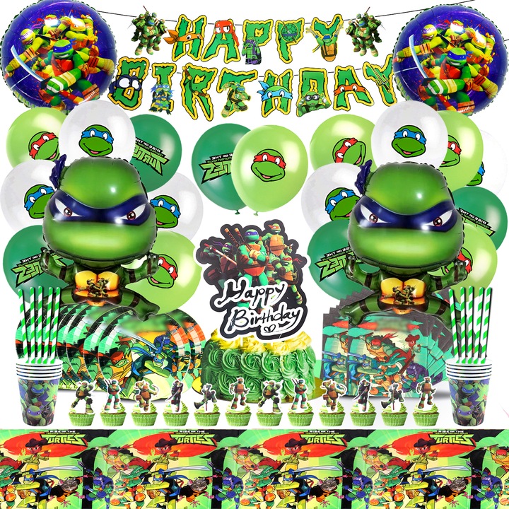Teknős születésnapi dekoráció fiúknak, teknős lufik, parti étkészletek, tortadíszek, szalvéták, tányérok, teknős parti dekorációs készlet