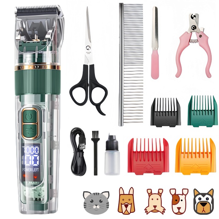 Masini de tuns par pentru caini, Kit de tuns pentru ingrijirea cainilor cu afisaj LED, Masini de tuns animale de companie pentru haine groase pentru caini, Masini de tuns pentru par pentru animale de companie cu zgomot