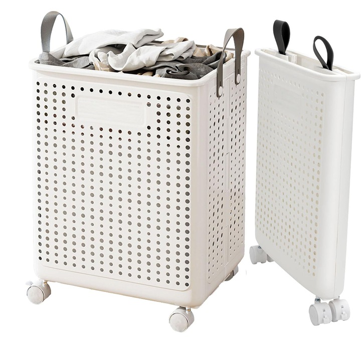 Сгъваем кош за пране, перфориран и дишащ, 60л, с подсилена основа, с удължена дръжка, с колелца, за мръсни дрехи в спалнята и у дома, бял