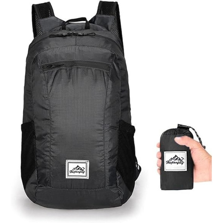 Rucsac pliabil ultra usor de 20L, rucsac mic pentru drumetii, ultrausor, rezistent la apa, rucsac de calatorie pliabil pentru barbati si femei, pentru sporturi in aer liber, calatorii, mers pe jos, drumetii, camping, ciclism, negru