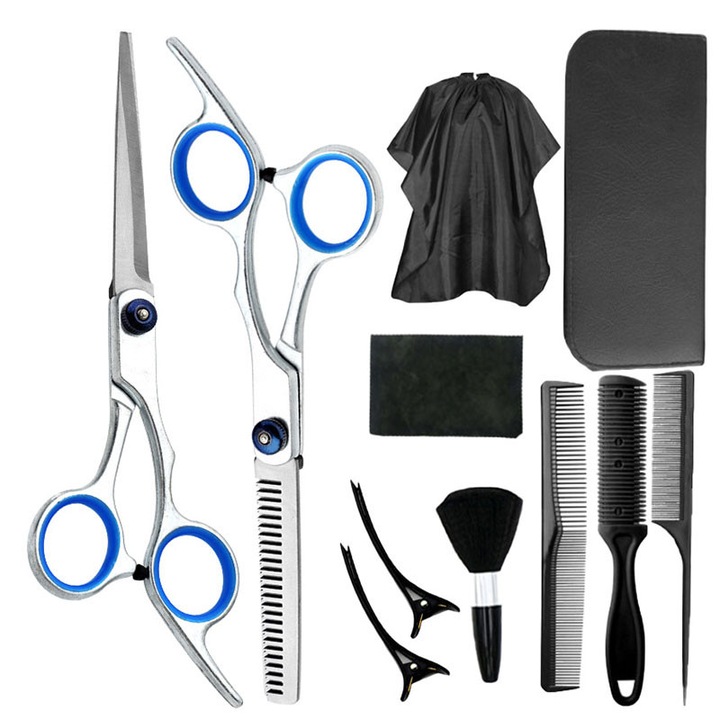 Ножици за професионално фризьорство Garsonal, комплект от 11 части, включва наметало, ножици, гребени, щипки за коса, четка, кърпа, многоцветни