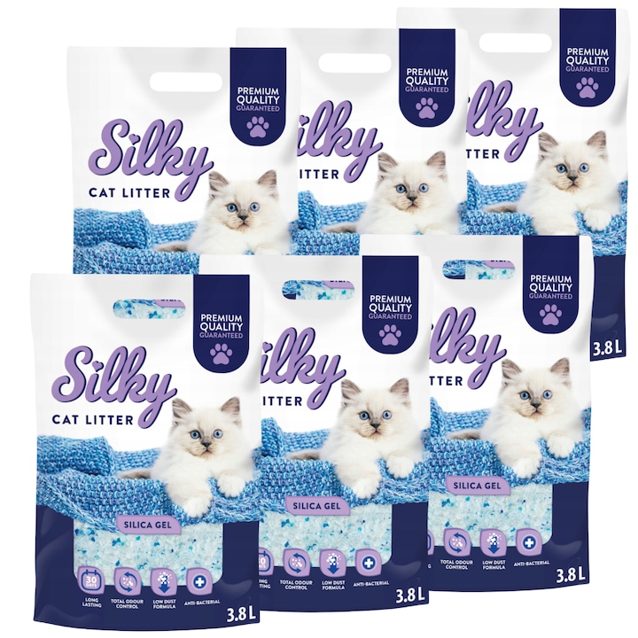 Asternut igienic pentru pisici Silky, silicat, Set 6x3.8L, fara praf, 22.8L