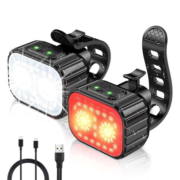 Set lumini bicicleta 21 de LED-uri, Garsonal®, 6 moduri de iluminare, IPX6, 1100 mAh, lumini fata si spate, Negru