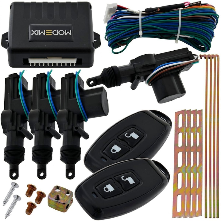 Kit inchidere centrala auto, Modemix, 2 telecomenzi, 4 actuatori, 12V, multicolor